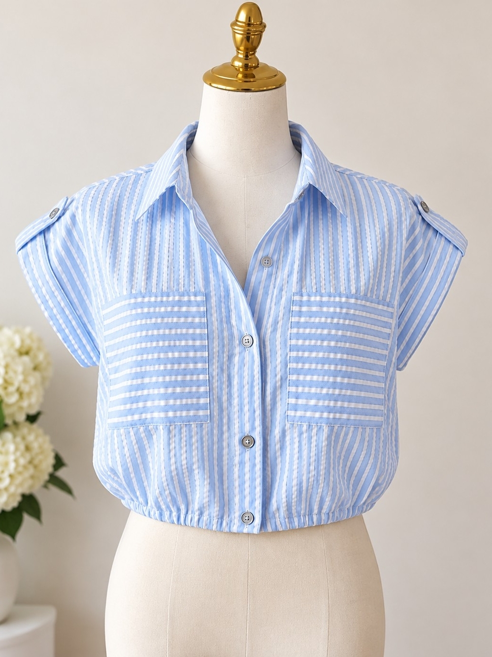 Women's NWT Michael Kors Pastel Blue Striped Cropped Shirt Size S